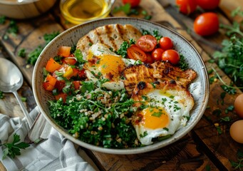 Healthy breakfast bowl with eggs, bacon, tomatoes and greens