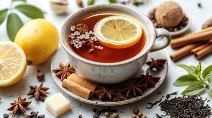 A Cup of Tea Surrounded by Spices and Lemons