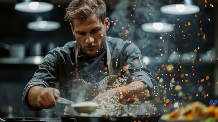 Focused male chef seasoning food in a pan with sparks flying
