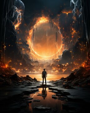 Man standing before a portal to another realm