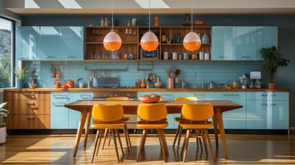 Blue and orange retro kitchen with a wooden dining table and chairs