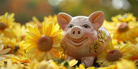 A pink piggy bank sits in a field of yellow sunflowers.