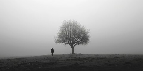 Man standing alone in a foggy field