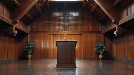 Large Wooden Room With Podium and Potted Plants