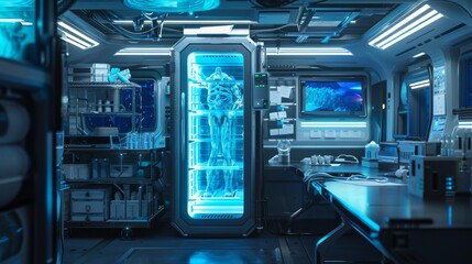 Futuristic sci-fi laboratory with advanced high-tech refrigerators glowing in blue