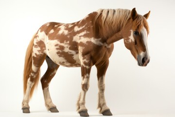 A brown and white horse standing on a white background