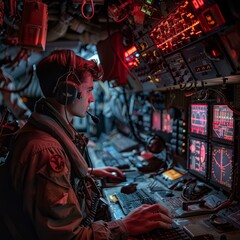 Obraz premium Focused Military Personnel Operating Advanced Technology Inside Aircraft
