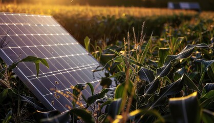 Striking close-up of solar panels amidst lush green foliage, capturing the peaceful coexistence of renewable energy technology and nature in a vibrant, warm-toned scene.