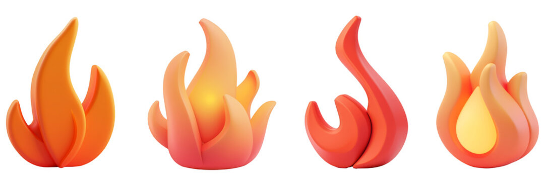 PNG flame 3d icons and objects collection, in cartoon style minimal on transparent, white background, isolate