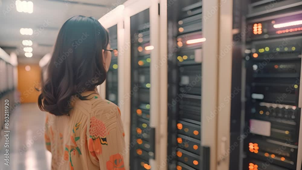 Fototapete A woman is standing in front of a row of servers in a data center, overseeing the network infrastructure.