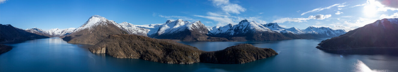 Panoramic drone view of Holandsfjord and Nordfjord in Nordland county. In the background is the...