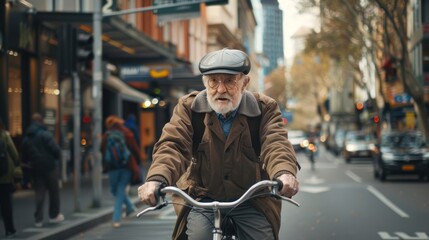 An elderly man cycling through a bustling city, embracing an active lifestyle despite his age