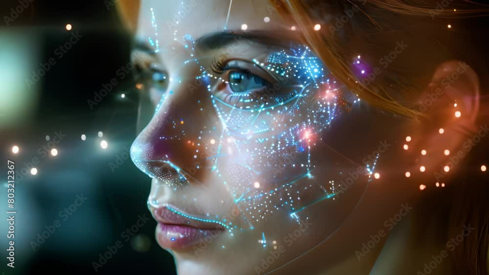 Poster close-up of a woman with glowing digital mapping points on her face.