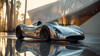 A sleek silver sports car, parked in front of a contemporary architectural masterpiece, its reflective surface mirroring the surroundings, all captured in HD