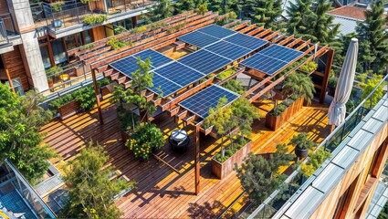 A modern, eco-friendly terrace with solar panels, lush greenery, and wooden architecture, showcasing sustainable urban living.