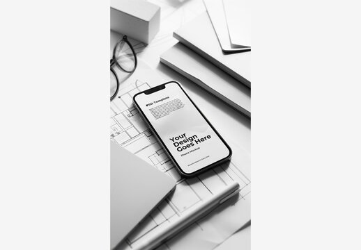 Phone Mockup Screen Template with Glasses, Pen, Paper, Drawing, Notebook, and Pencil on Table Top Papers - White Clay and Architectural Enviroment