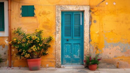 Colorful vintage doors in a quaint Mediterranean village, exemplifying rustic charm and historic textures