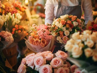 Florist holding a bouquet of pink and orange roses - Powered by Adobe