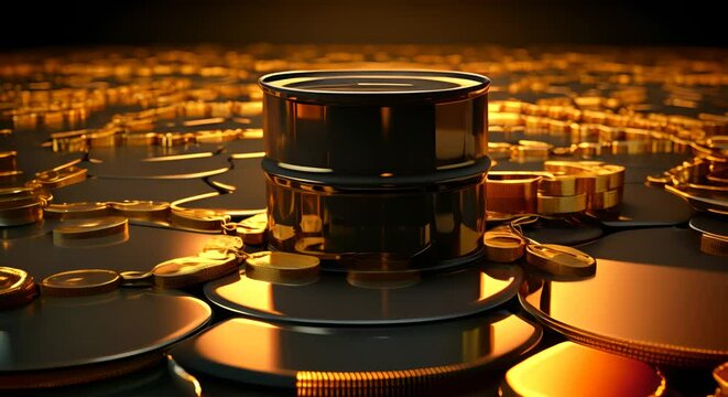 3D scene of minimalist oil barrels linked to gold chains, depicting intertwined market forces,