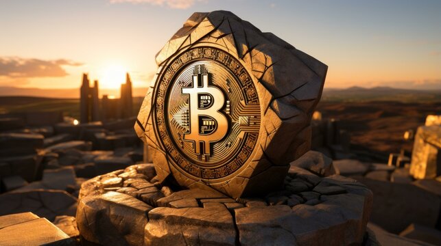 A golden Bitcoin embedded in a rock in the middle of a rocky field with a sunset in the background