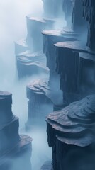 Mystical towering rock formations shrouded in mist
