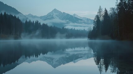 Serene dawn at a misty mountain lake surrounded by snowy peaks and pine trees