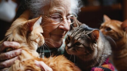 An elderly woman volunteering at an animal shelter, caring for furry companions with compassion
