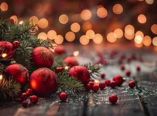 Red and gold Christmas ornaments on a wooden table