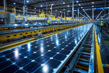 Fototapeta premium A large-scale solar panel manufacturing plant with an efficient assembly line, showcasing the production process of renewable energy technology in an industrial setting.