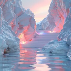 Mystical icy landscape with a glowing path leading through a narrow canyon
