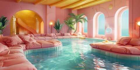 A pink and blue retro futuristic living room with a pool