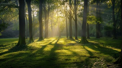 Tranquil forest glade bathed in the soft dawn light, showcasing nature's serenity and peace