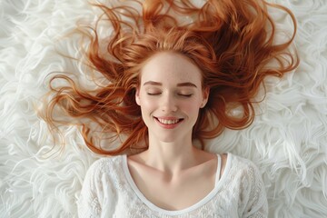 Fototapeta premium Beautiful young woman with long red hair lying on bed, top view, Ai Generated