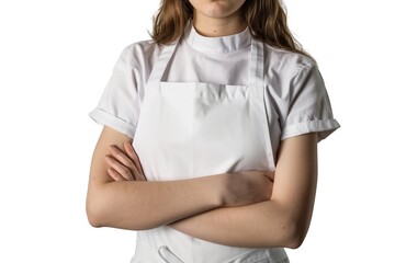 Close up of a female chef standing with arms crossed on white background, Ai Generated
