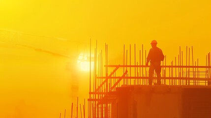 Silhouette of a construction worker on a building site during a foggy sunrise, with cranes in backdrop.