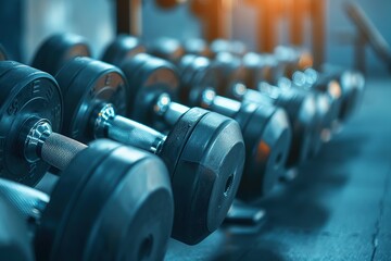 Dumbbells in a row in a fitness club, Ai Generated