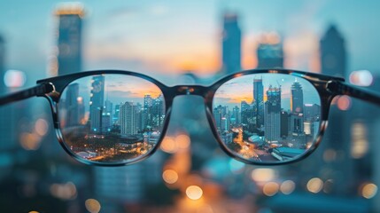 Close up of spectacles on blurry city background.