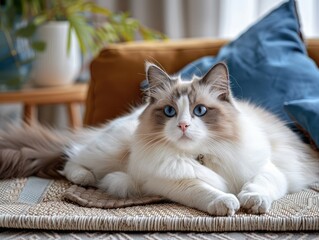 An adorable ragdoll cat lies on a pet mat in the living room,