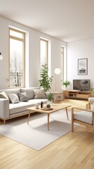 Bright living room interior with large windows and wooden furniture