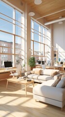 Fototapeta premium 3D rendering of a modern office interior with large windows, a wooden floor, and a comfortable sofa