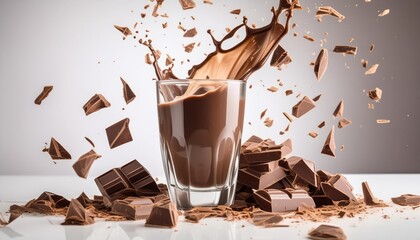 Focus on realistic glass with falling chocolate on white background , generated by AI