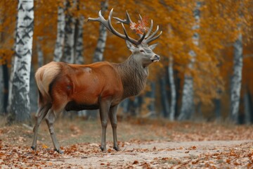 A red deer stag stands in a forest during autumn