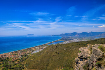 Panoramic view of the Lazio coast in Italy, from the top of the rocky mountain. Bottom left is the...