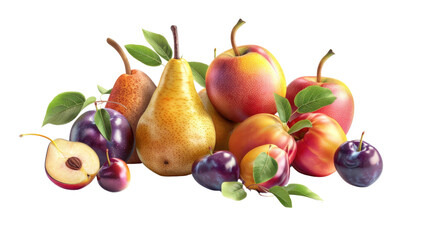 A variety of fresh fruits, including pears, apples, peaches, and plums in isolated on transparent background