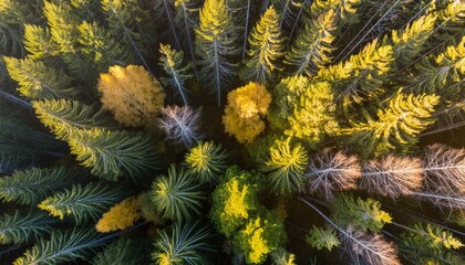 Drone shot looking over a boreal forest at sunrise
