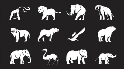 Collection of monochrome icons representing endangered species on a black background