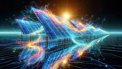 Surreal and vibrant solar energy concept with solar panels emanating luminous waves of energy, symbolizing sustainable power generation and environmental harmony.