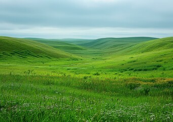 Obraz premium Green rolling hills under cloudy sky