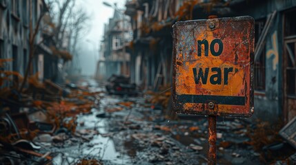 Red 'Stop War' letters are spray-painted onto a dilapidated building, standing out in a call for peace amidst the ruins. - Powered by Adobe