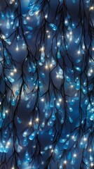 Blue branches with blue water droplets and white lights.